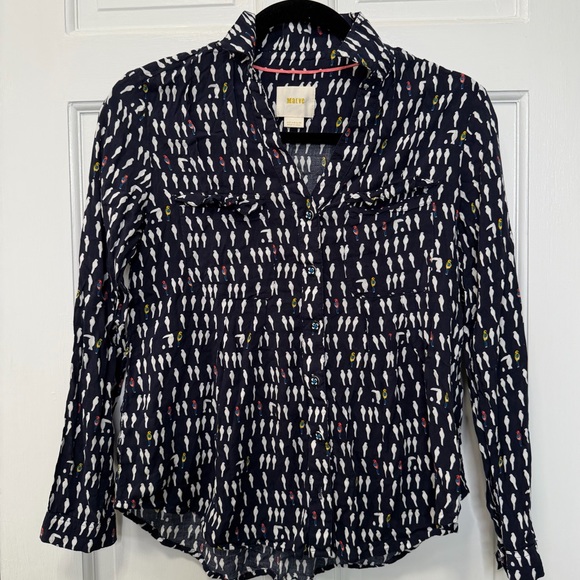 Maeve Tops - Maeve Anthropologie Navy Bird Print Button Up Blouse Size‎ 2